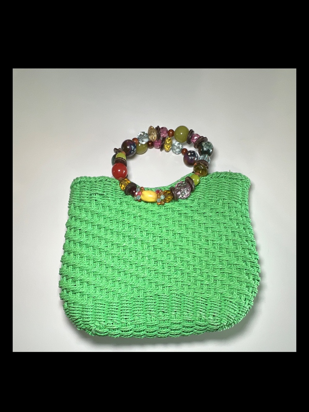 Cappelli Straworld Green Woven Top Handle Bag Multicolor Beaded Handle Zip